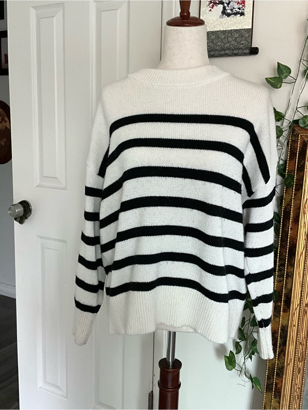 a new day Black and White Striped Crewneck Sweater
